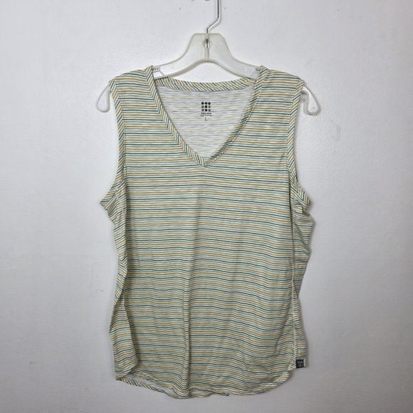 Title Nine Beige Blue Yellow Striped Stretchy Outdoor V-Neck Sleeveless Shirt L - Picture 1 of 7